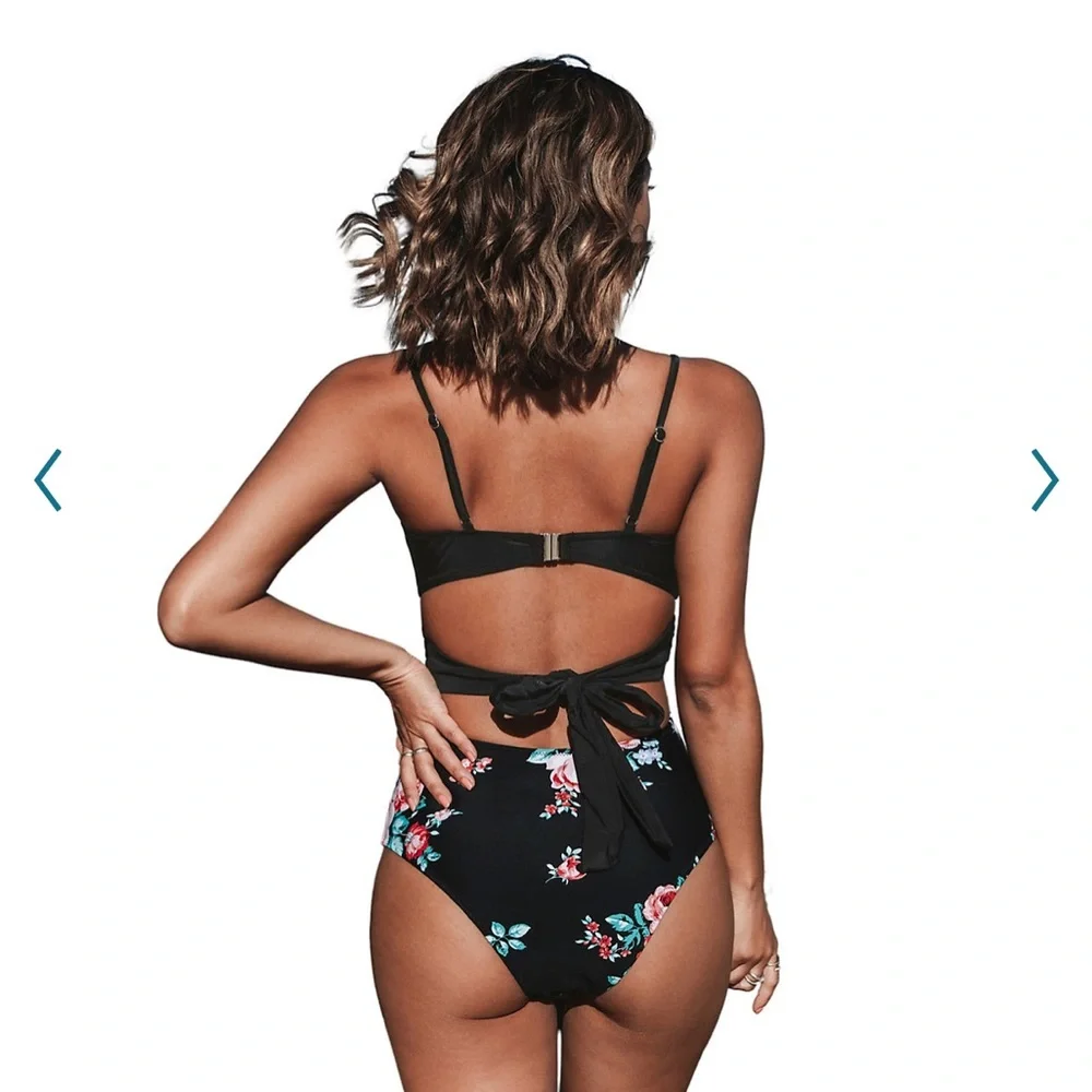 Cupshe Black & Floral Wrap Cutout One Piece Bathing Suit - Picture 2 of 3